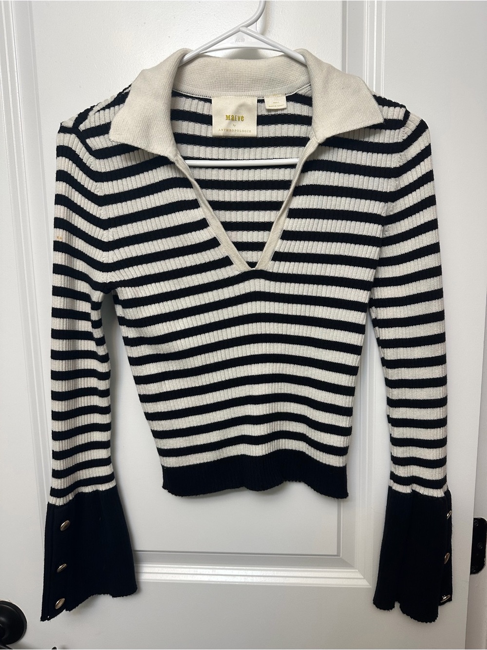 Anthropologie Maeve Black & Cream Striped V-Neck Ribbed Sweater